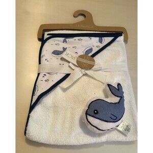 New Lila & Jack 6 pc Blue White Nautical Hooded Towel & Whale Sponge